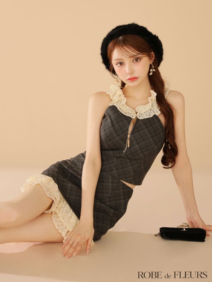 ROBE de FLEURS ローブドフルール 【XSサイズあり】レースチェックバストジップセットアップミニキャバドレス fm4222