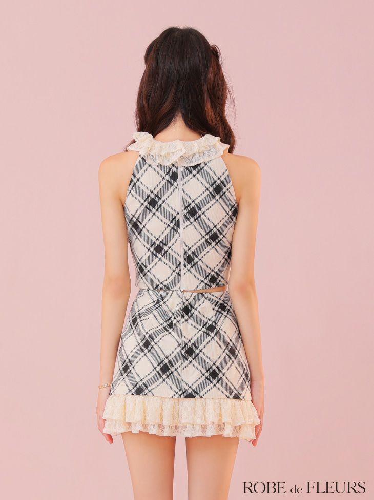 ROBE de FLEURS ローブドフルール 【XSサイズあり】レースチェックバストジップセットアップミニキャバドレス fm4222