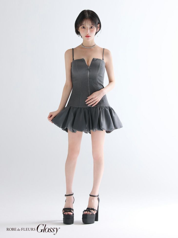 Glossy ローブドフルールグロッシー 【XSサイズあり】センタージップリブバルーンミニキャバドレス gl3385-c