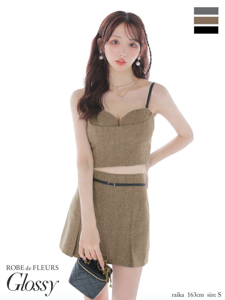 Glossy ローブドフルールグロッシー 【XSサイズあり】ヘリンボーンレザーベルトデザインセットアップミニキャバドレス gl4314-c