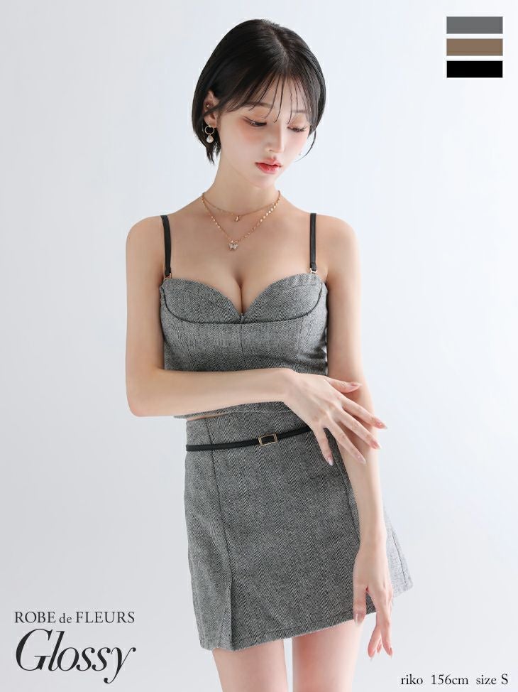 Glossy ローブドフルールグロッシー 【XSサイズあり】ヘリンボーンレザーベルトデザインセットアップミニキャバドレス gl4314-c