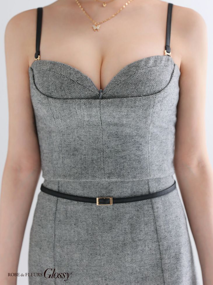 Glossy ローブドフルールグロッシー 【XSサイズあり】ヘリンボーンレザーベルトデザインセットアップミニキャバドレス gl4314-c