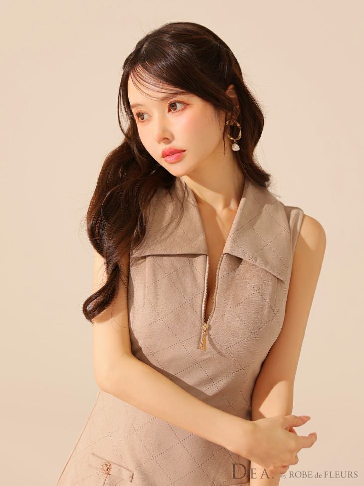 DEA. ディア バイ ローブドフルール 【XS～Lサイズあり】スエードジップカラーフレアミニキャバドレス de3458