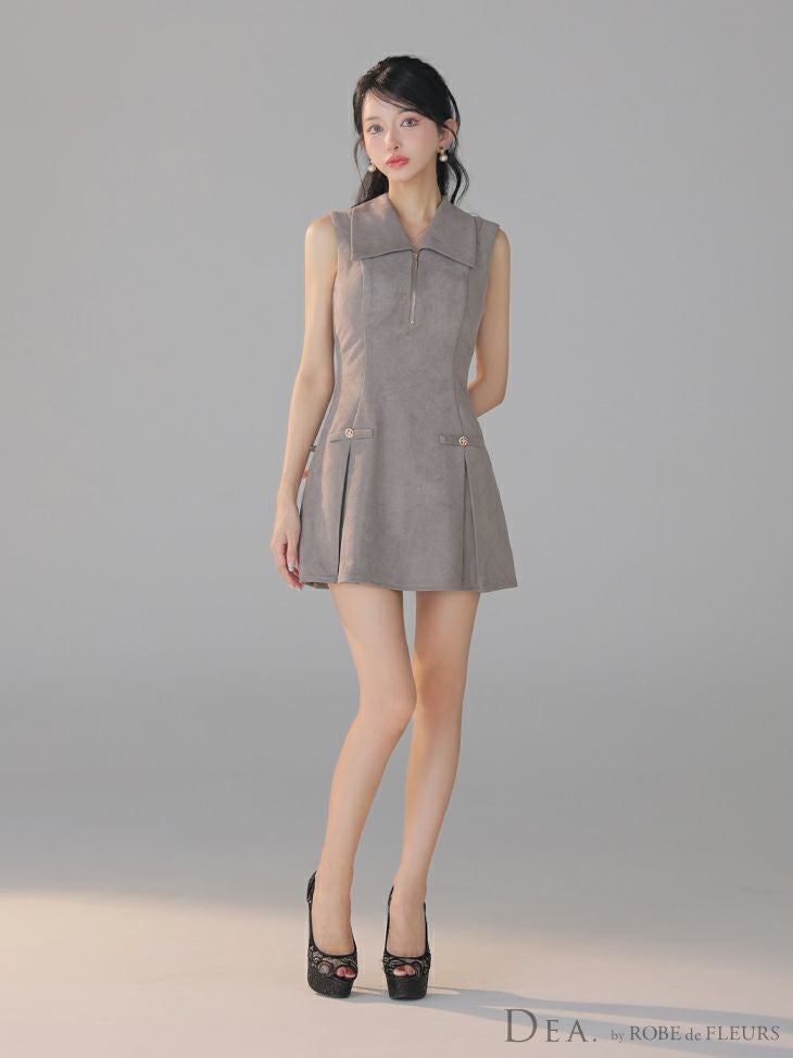DEA. ディア バイ ローブドフルール 【XS～Lサイズあり】スエードジップカラーフレアミニキャバドレス de3458