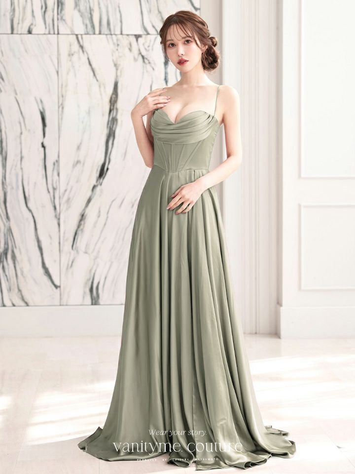 vanityME.couture. バニティミークチュール サテン バストドレープ コルセット ロングドレス バースデードレス セージグリーン vctr-l-7481-3