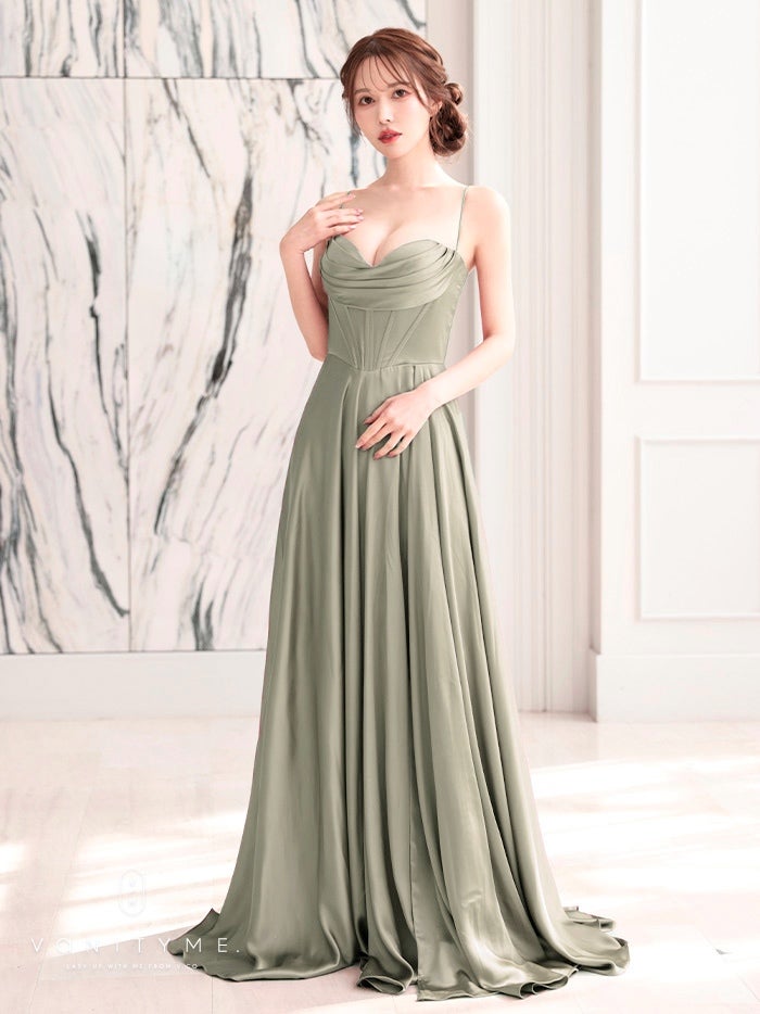 vanityME.couture. バニティミークチュール サテン バストドレープ コルセット ロングドレス バースデードレス セージグリーン vctr-l-7481-3