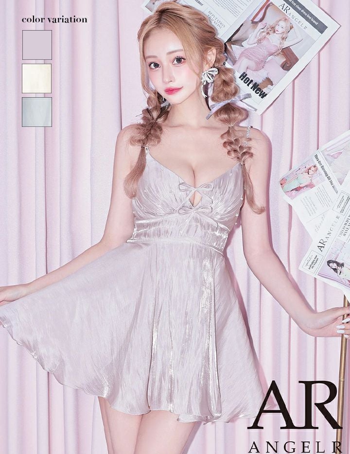 AngelR エンジェルアール ノースリーブVカットリボンビジューウエストマークマイクロミニフレアミニドレス ar25234