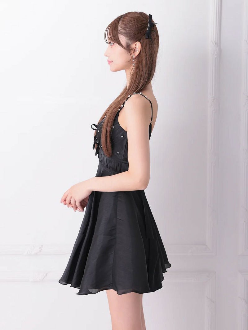 AngelR エンジェルアール ノースリーブVカットリボンビジューウエストマークマイクロミニフレアミニドレス ar25234