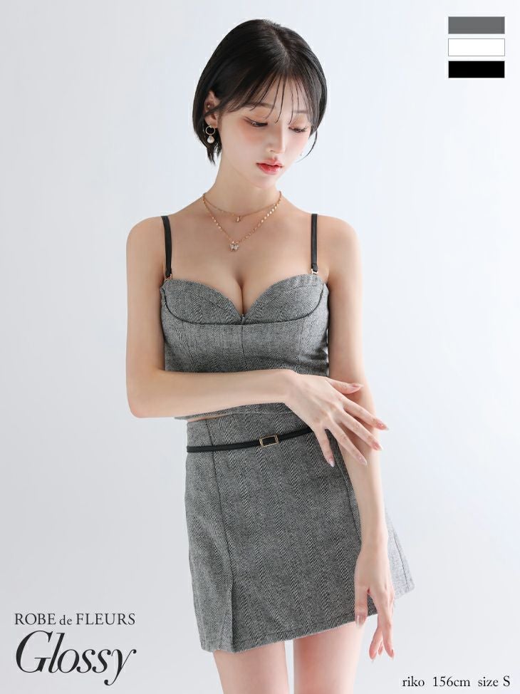 Glossy ローブドフルールグロッシー 【XSサイズあり】ヘリンボーンレザーベルトデザインセットアップミニキャバドレス gl4314