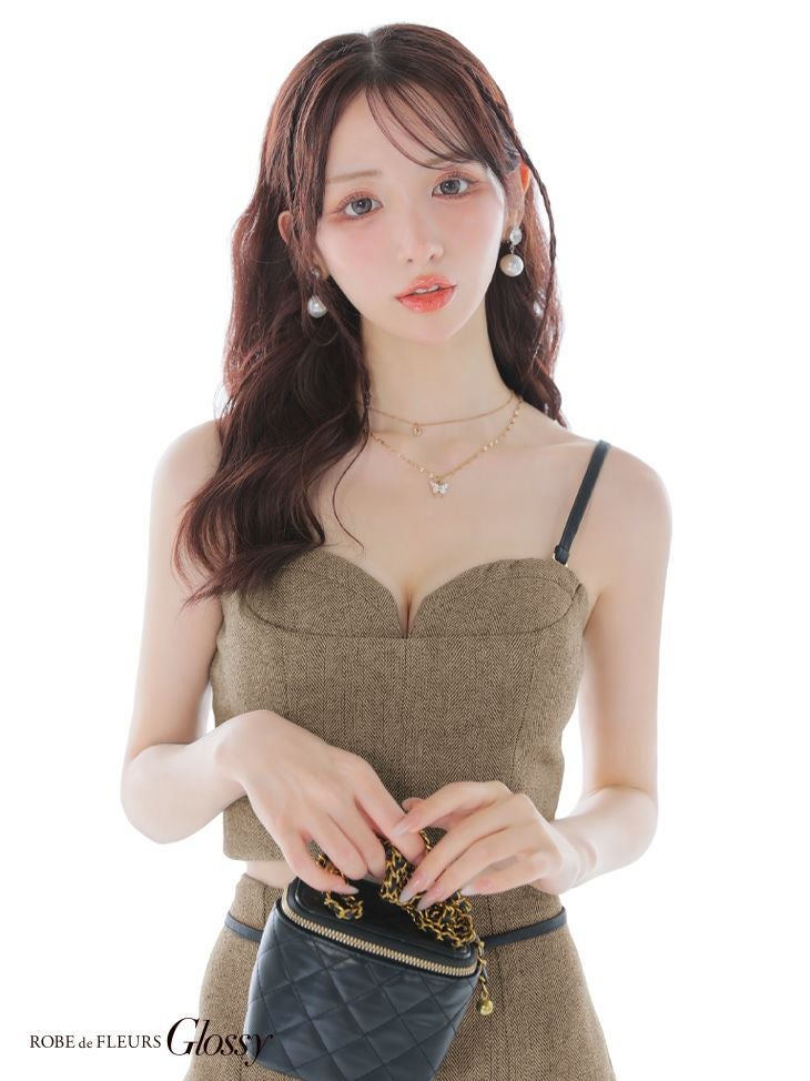 Glossy ローブドフルールグロッシー 【XSサイズあり】ヘリンボーンレザーベルトデザインセットアップミニキャバドレス gl4314