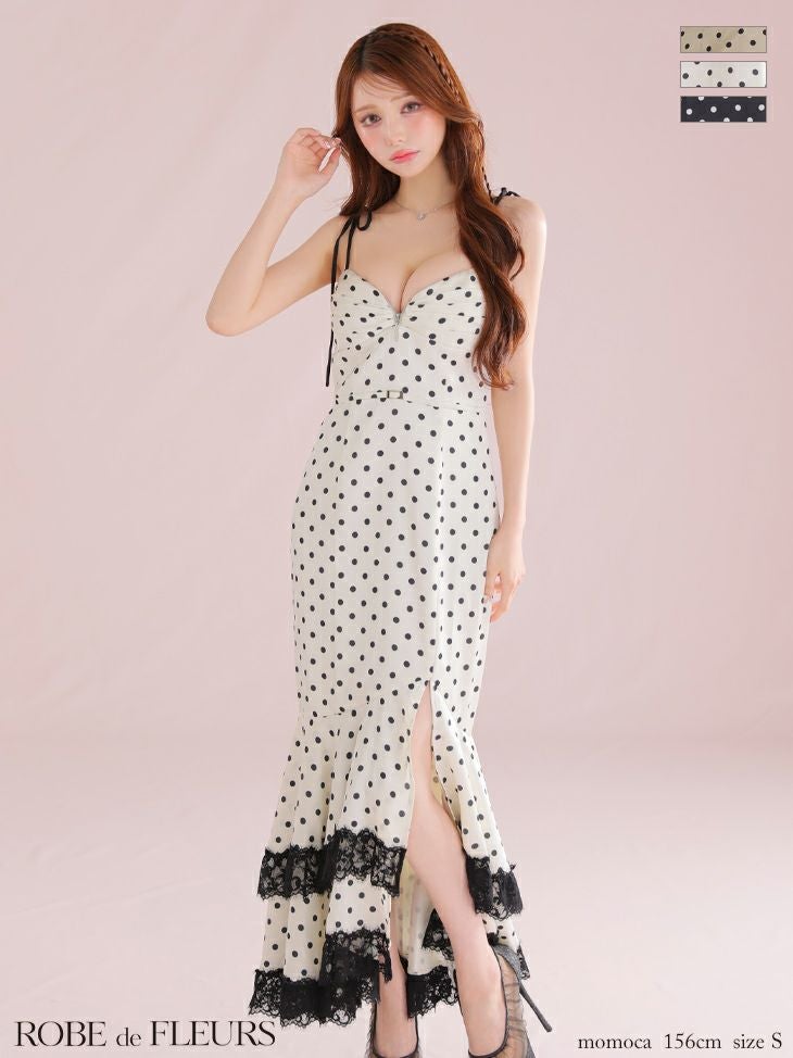 ROBE de FLEURS ローブドフルール 【XS～Lサイズあり】ドットサテンレースフリルマーメイドロングキャバドレス fm3299-c
