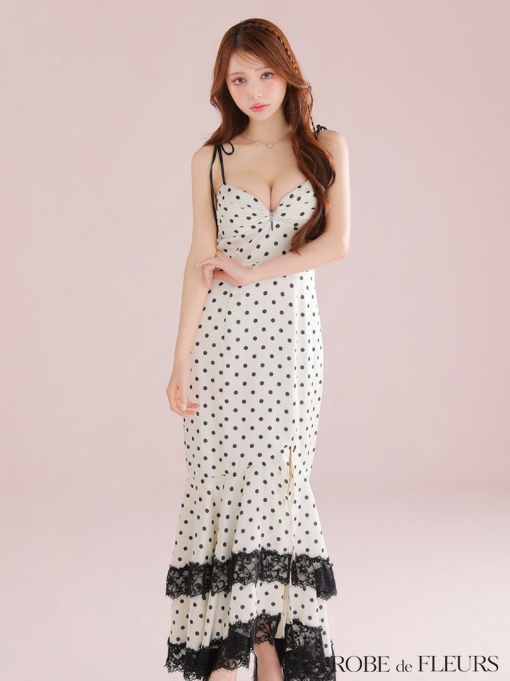 ROBE de FLEURS ローブドフルール 【XS～Lサイズあり】ドットサテンレースフリルマーメイドロングキャバドレス fm3299-cROBE de FLEURS ローブドフルール 【XS～Lサイズあり】ドットサテンレースフリルマーメイドロングキャバドレス fm3299-c