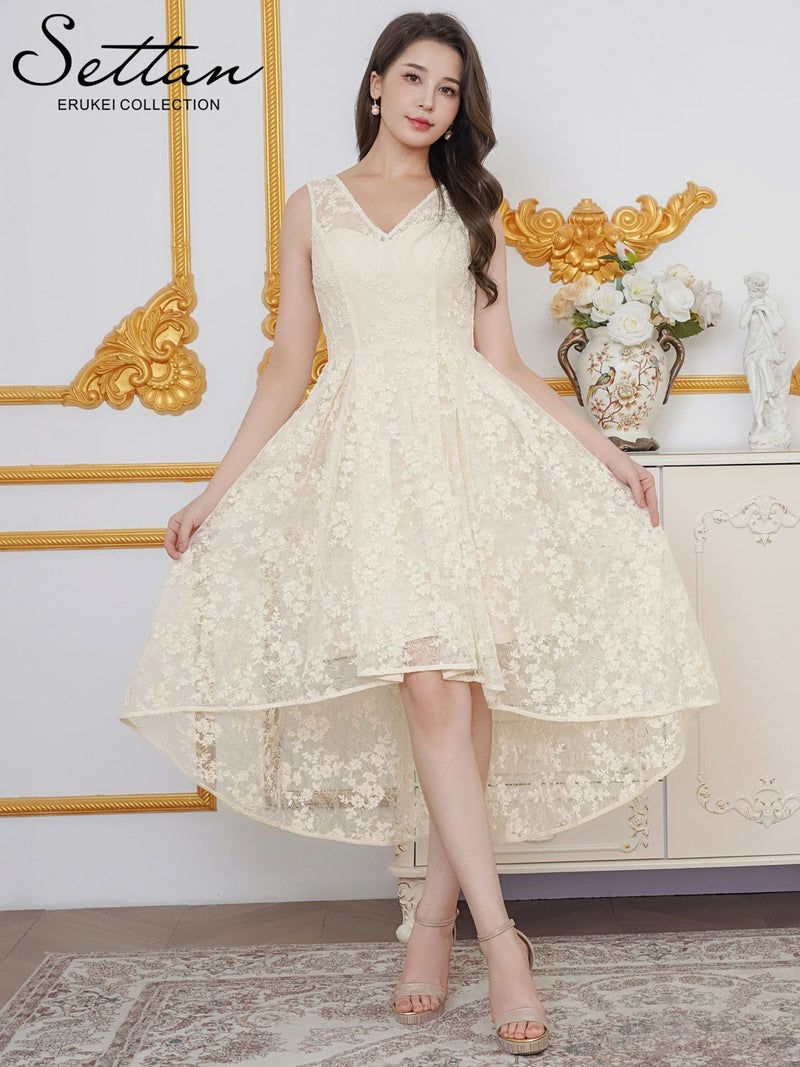 ERUKEI エルケイ アイボリー 総レース・スパンコール・ノースリーブ・Vネック・タック・フィッシュテール・Aライン・ミディアムドレス・ワンピース ek-s25101