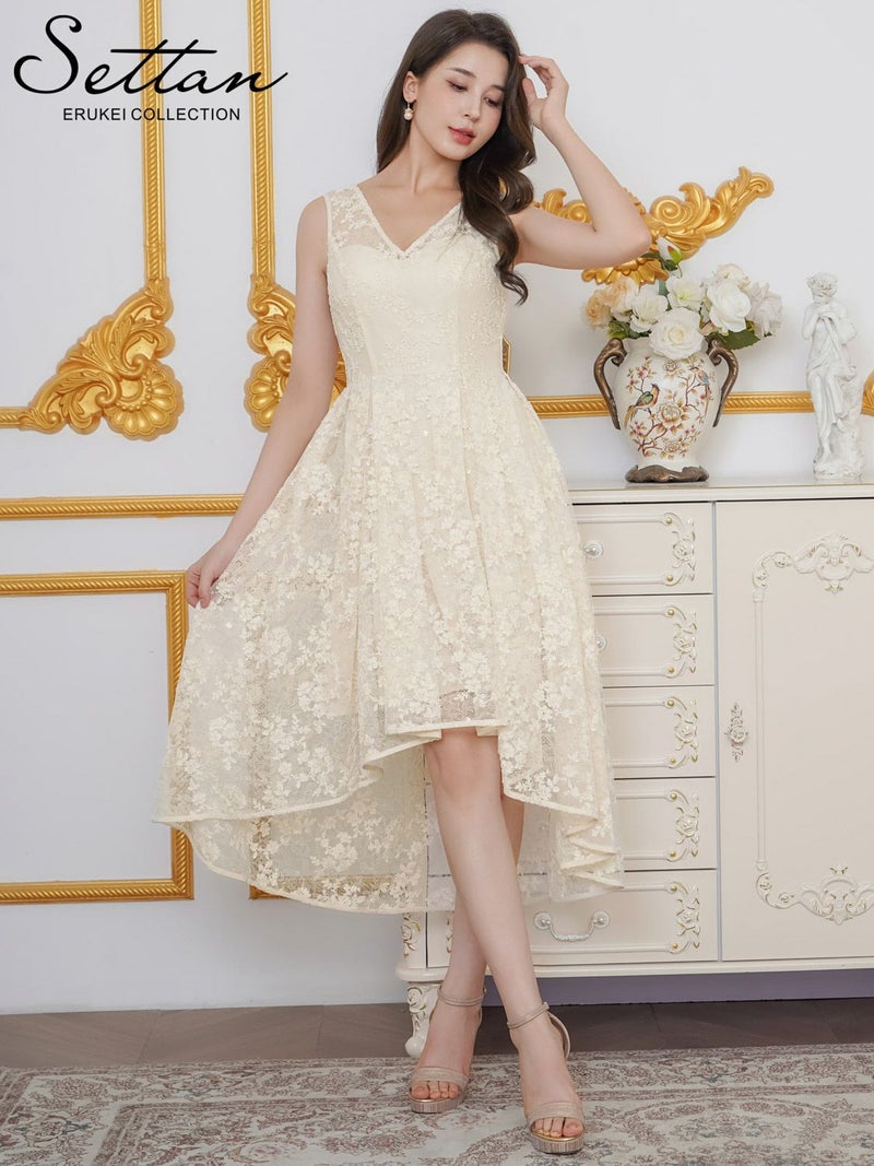 ERUKEI エルケイ アイボリー 総レース・スパンコール・ノースリーブ・Vネック・タック・フィッシュテール・Aライン・ミディアムドレス・ワンピース ek-s25101