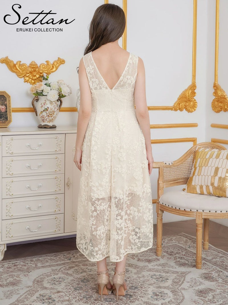 ERUKEI エルケイ アイボリー 総レース・スパンコール・ノースリーブ・Vネック・タック・フィッシュテール・Aライン・ミディアムドレス・ワンピース ek-s25101