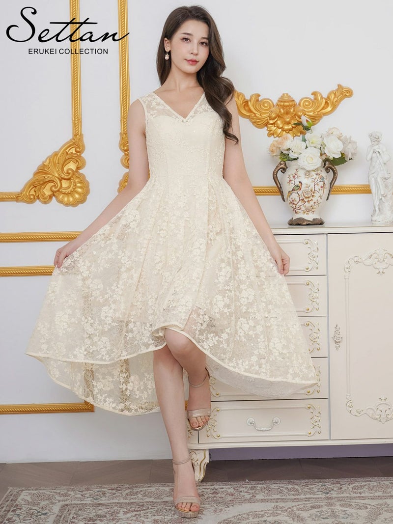 ERUKEI エルケイ アイボリー 総レース・スパンコール・ノースリーブ・Vネック・タック・フィッシュテール・Aライン・ミディアムドレス・ワンピース ek-s25101