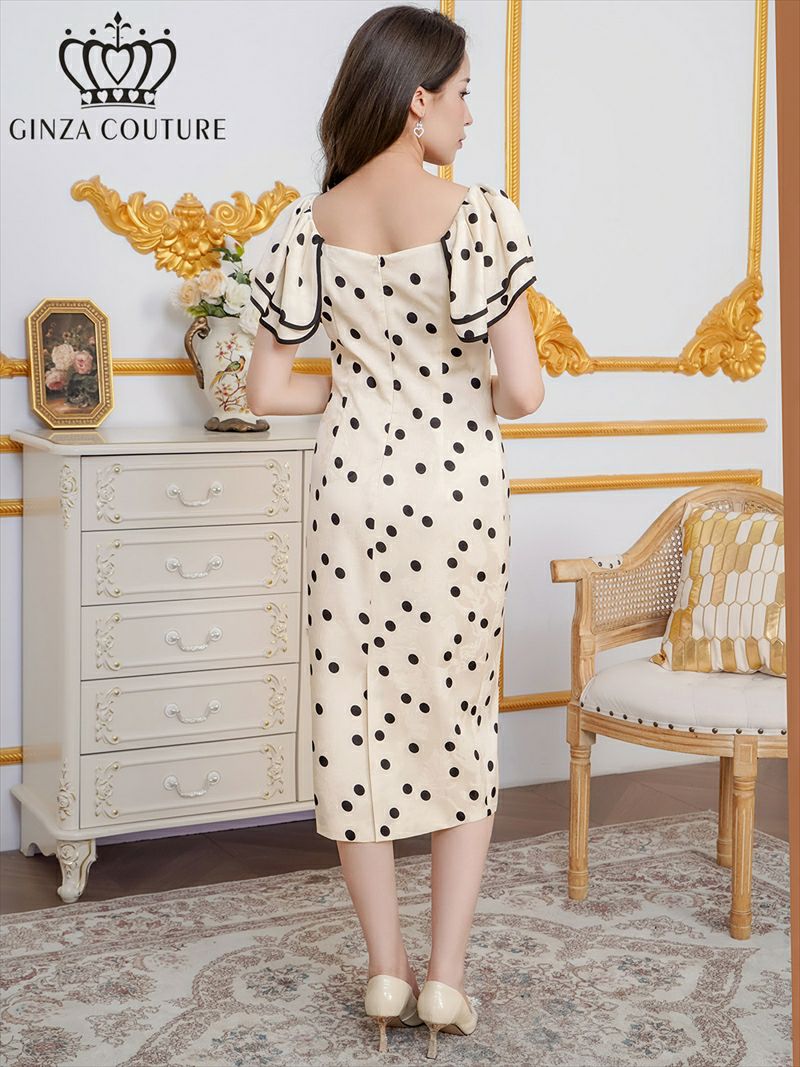 ERUKEI エルケイ サテンジャガード・花柄・ドット・プリント・フリルスリーブ・パイピング・ビーズ・ラインストーン・タイト・ミディアムドレス・ワンピース ek-c2863