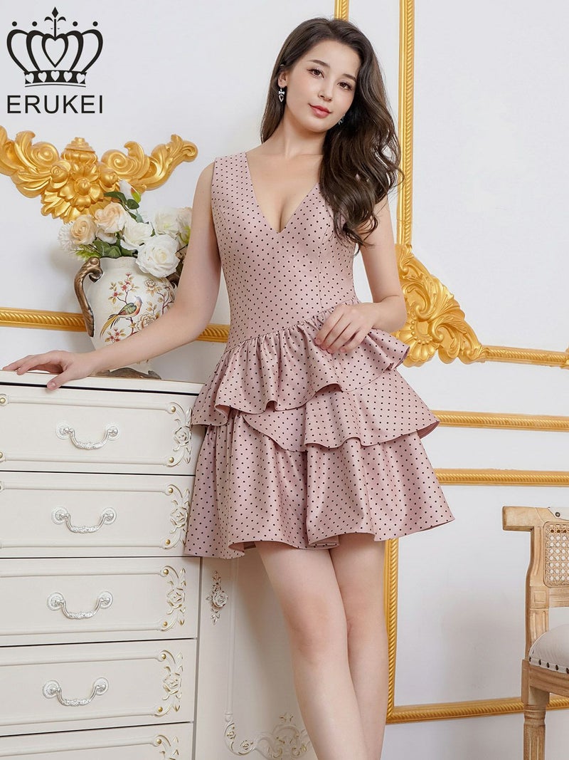 ERUKEI エルケイ ドット・プリント・Vネック・アシンメトリー・変形・ティアード・フレア・Aライン・ミニドレス・ワンピース ek-e25193