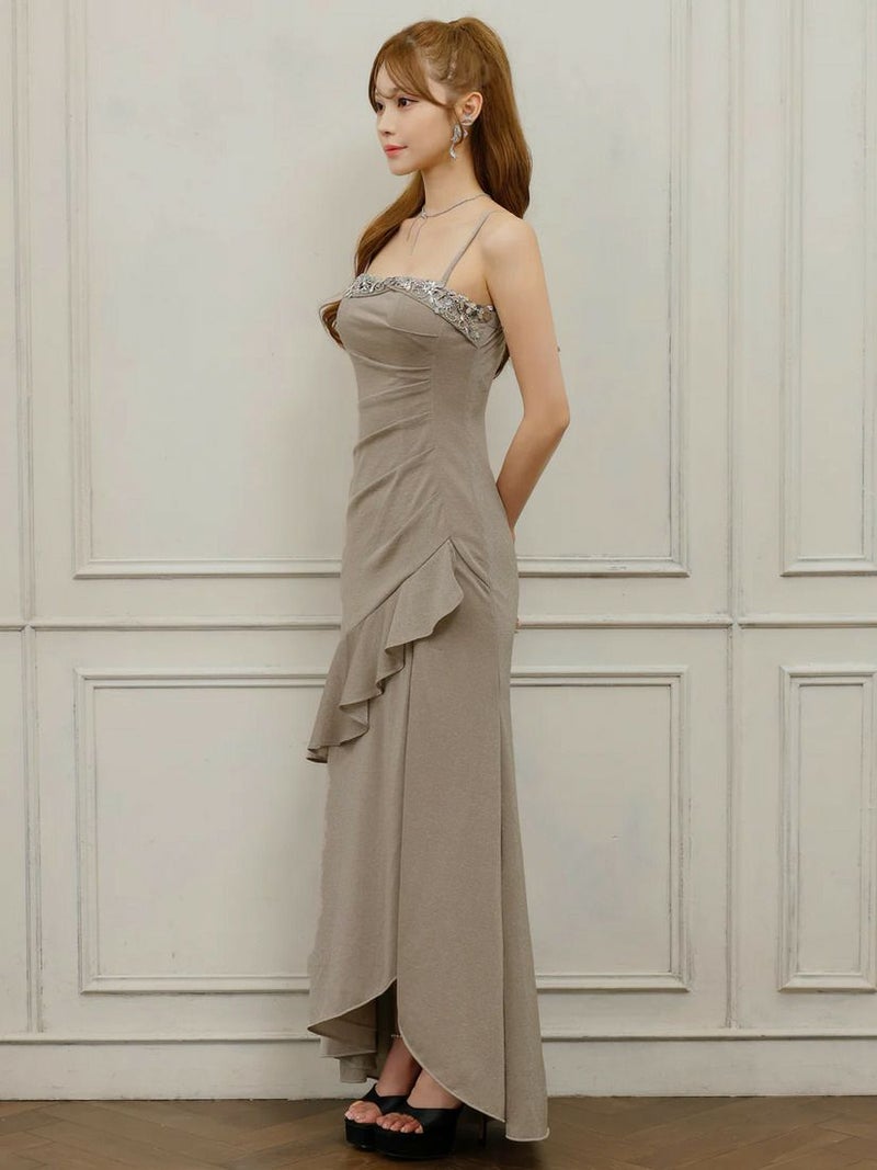 AngelR エンジェルアール ベアトップタックラメビジューフリルラッフルタイトロングドレス グレー ar25246-ks