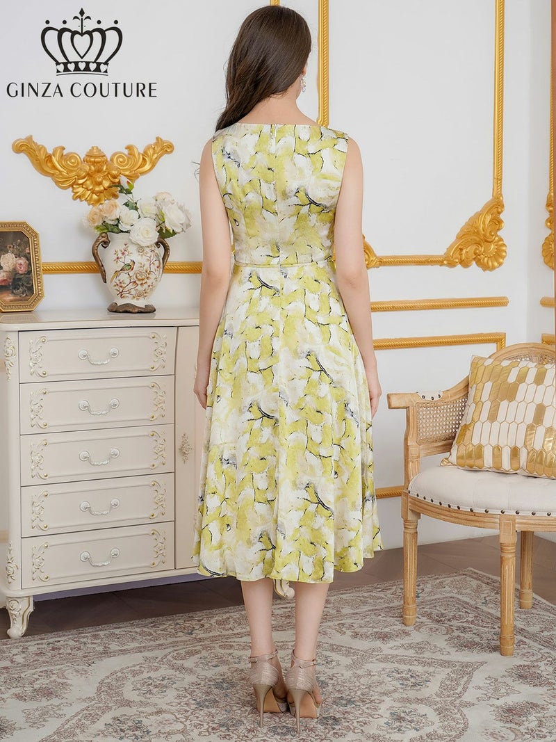 ERUKEI エルケイ プリント・サテン・ノースリーブ・切替・Aライン・ミディアムドレス・ワンピース ek-c36215