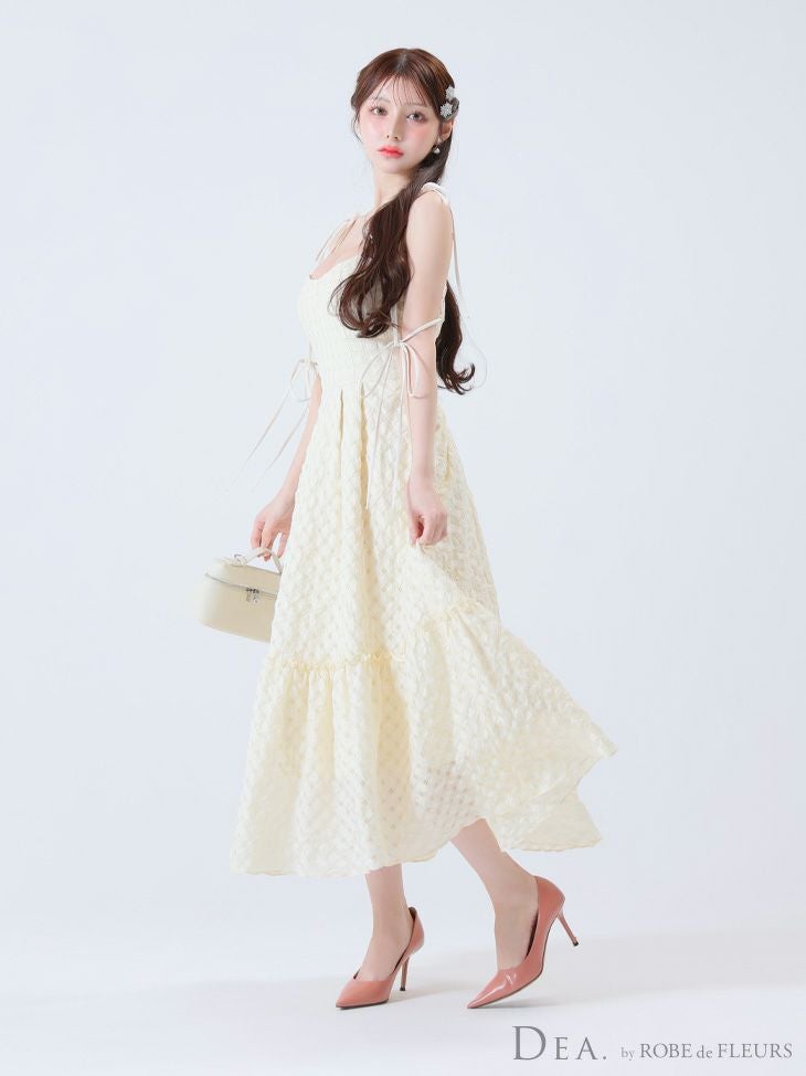 DEA. ディア バイ ローブドフルール 【Lサイズあり】オフショルリボンシフォンオーガンジーフレアロングキャバドレス de3291