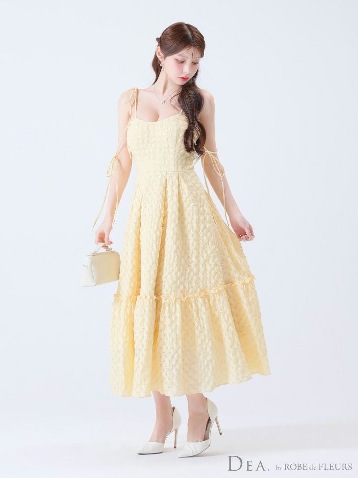 DEA. ディア バイ ローブドフルール 【Lサイズあり】オフショルリボンシフォンオーガンジーフレアロングキャバドレス de3291