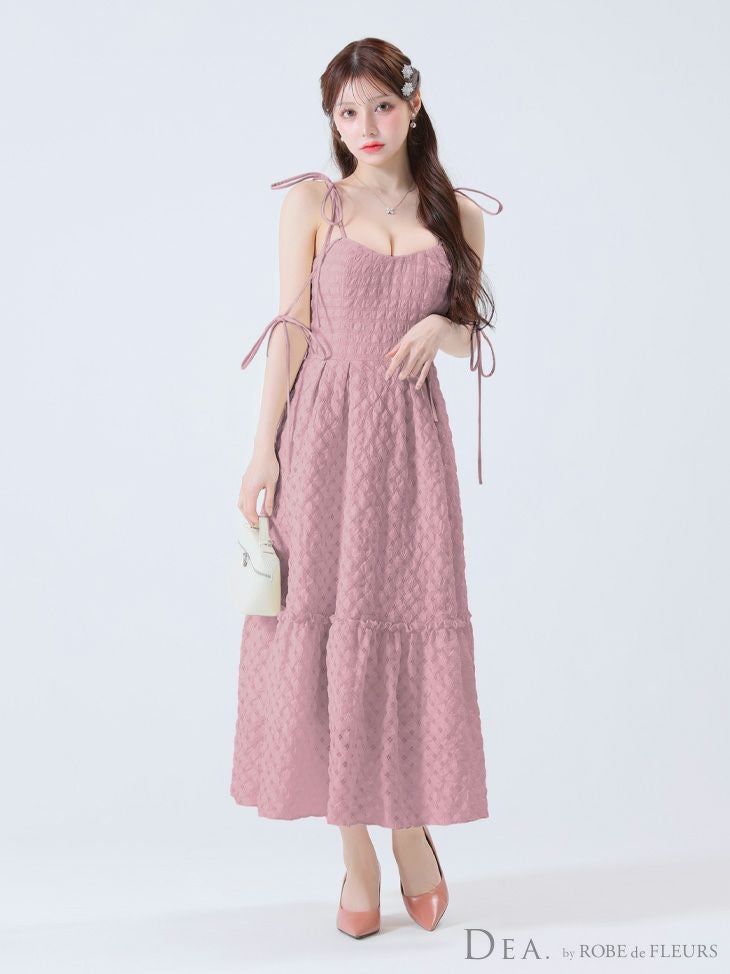 DEA. ディア バイ ローブドフルール 【Lサイズあり】オフショルリボンシフォンオーガンジーフレアロングキャバドレス de3291