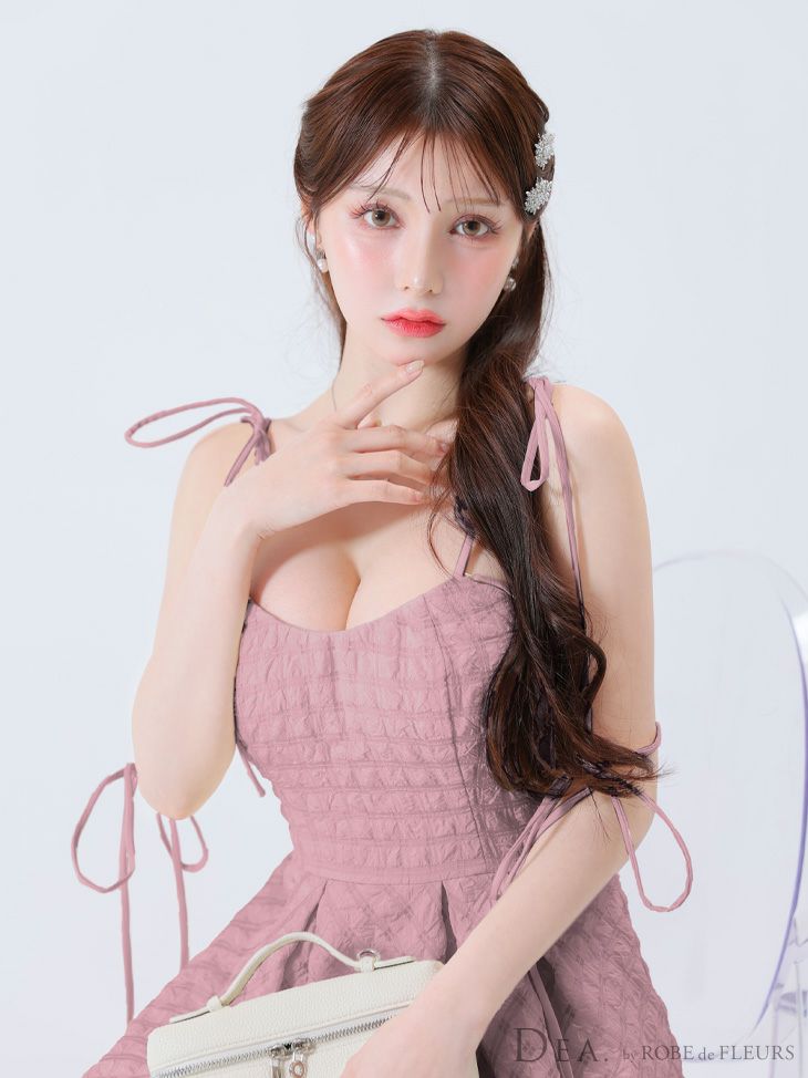 DEA. ディア バイ ローブドフルール 【Lサイズあり】オフショルリボンシフォンオーガンジーフレアロングキャバドレス de3291