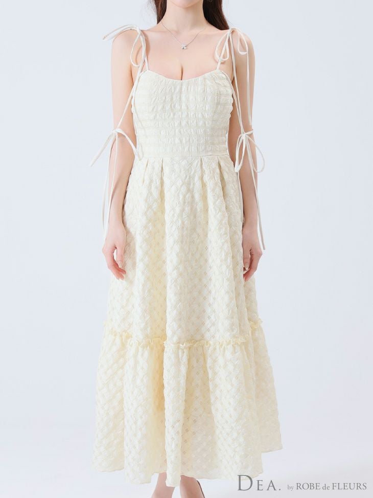 DEA. ディア バイ ローブドフルール 【Lサイズあり】オフショルリボンシフォンオーガンジーフレアロングキャバドレス de3291