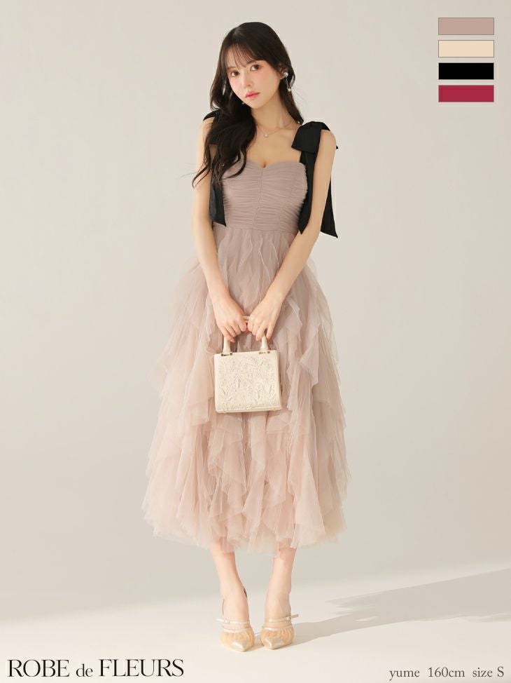 ROBE de FLEURS ローブドフルール ボリュームチュールショルダーリボンフレアロングドレス fm3463