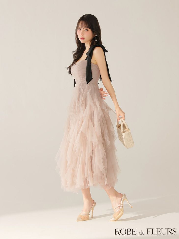 ROBE de FLEURS ローブドフルール ボリュームチュールショルダーリボンフレアロングドレス fm3463