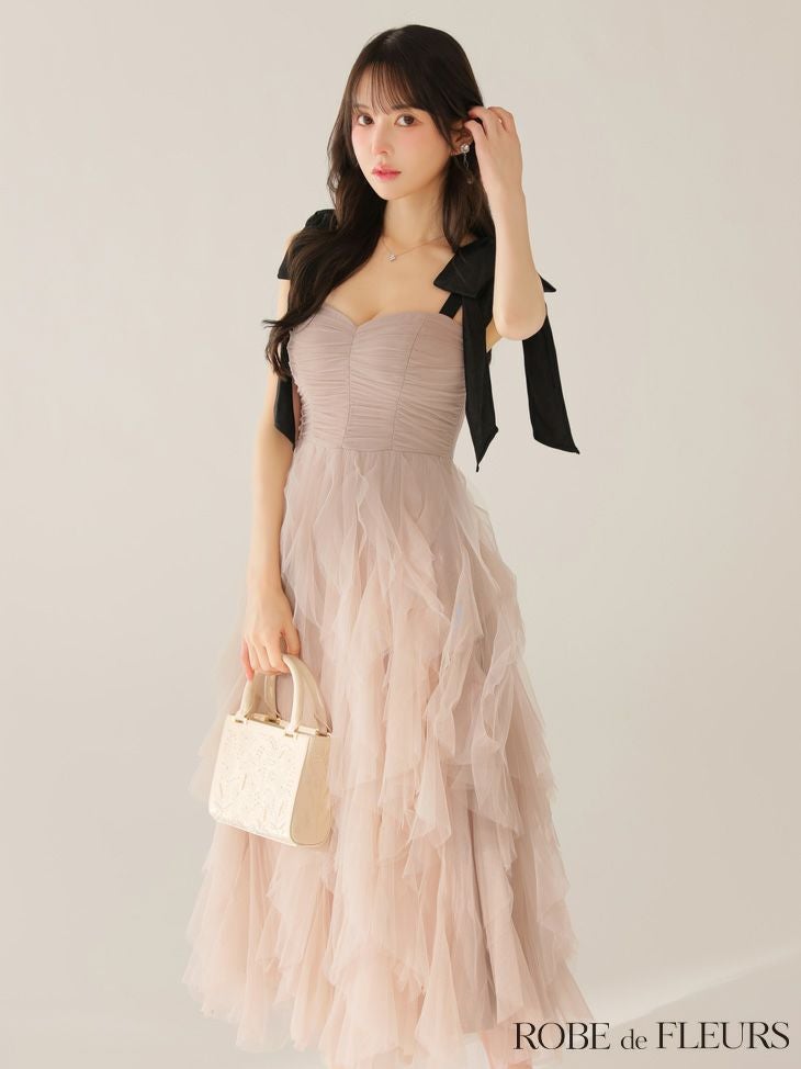 ROBE de FLEURS ローブドフルール ボリュームチュールショルダーリボンフレアロングドレス fm3463