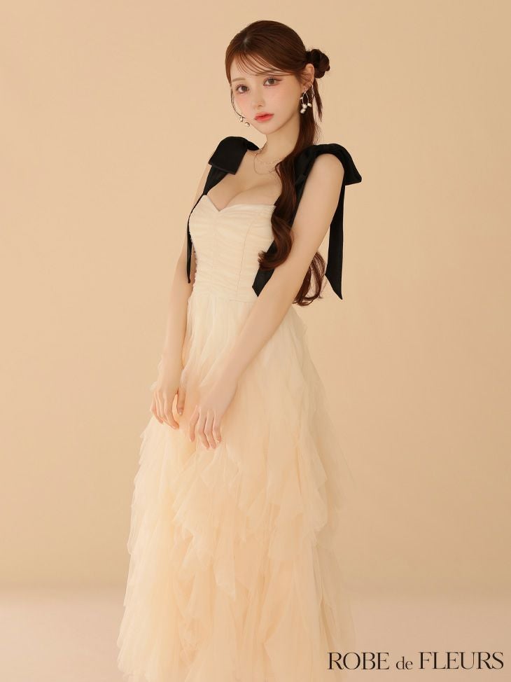 ROBE de FLEURS ローブドフルール ボリュームチュールショルダーリボンフレアロングドレス fm3463