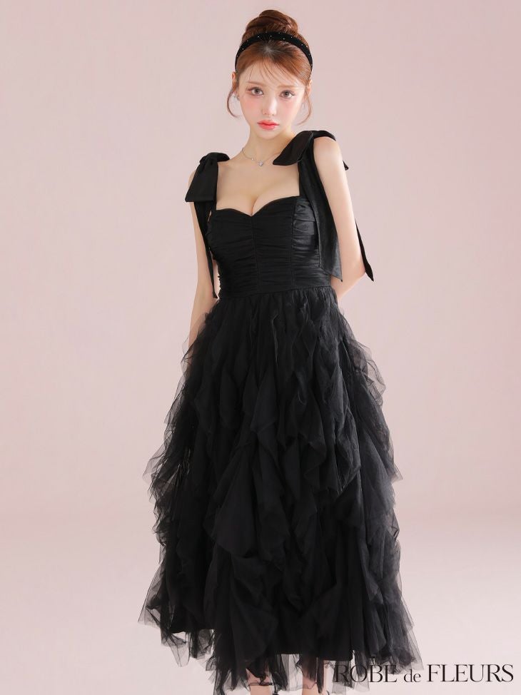 ROBE de FLEURS ローブドフルール ボリュームチュールショルダーリボンフレアロングドレス fm3463