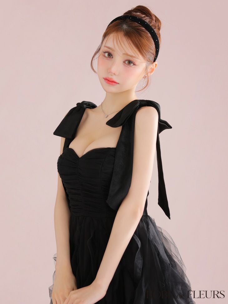 ROBE de FLEURS ローブドフルール ボリュームチュールショルダーリボンフレアロングドレス fm3463
