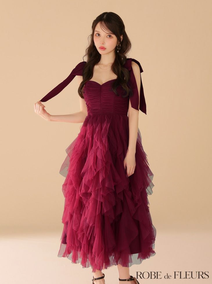 ROBE de FLEURS ローブドフルール ボリュームチュールショルダーリボンフレアロングドレス fm3463