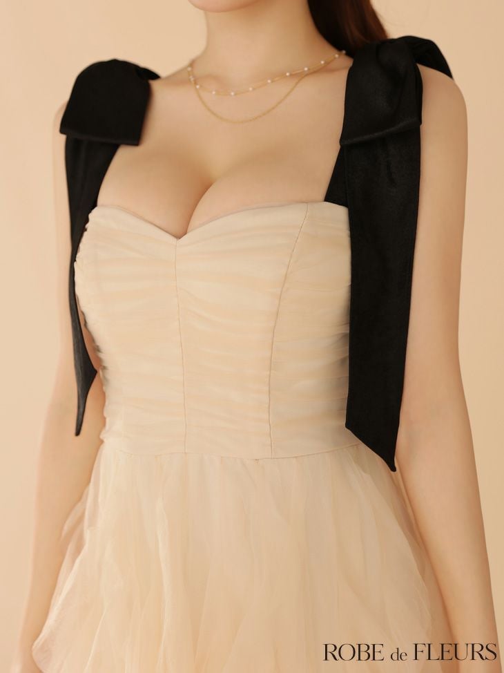 ROBE de FLEURS ローブドフルール ボリュームチュールショルダーリボンフレアロングドレス fm3463