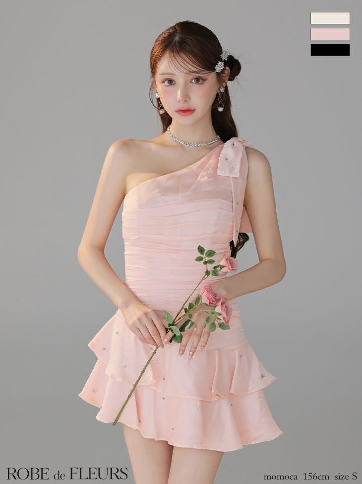 ROBE de FLEURS ローブドフルール サテンワンショルダーリボンティアードフレアミニキャバドレス fm4322