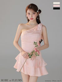 ROBE de FLEURS ローブドフルール サテンワンショルダーリボンティアードフレアミニキャバドレス fm4322