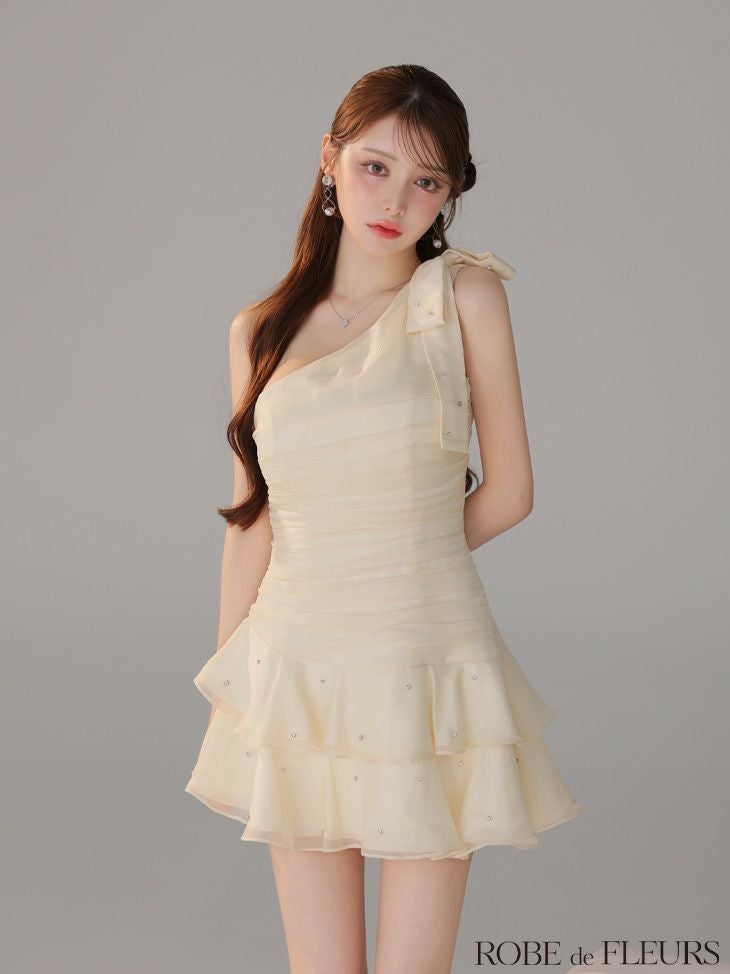 ROBE de FLEURS ローブドフルール サテンワンショルダーリボンティアードフレアミニキャバドレス fm4322