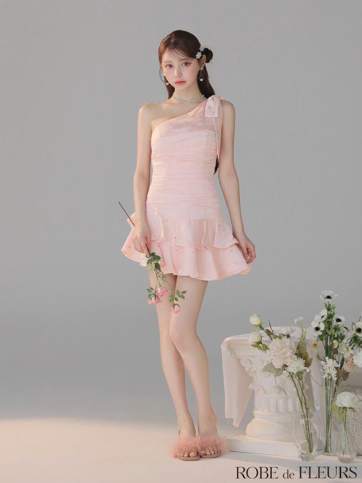 ROBE de FLEURS ローブドフルール サテンワンショルダーリボンティアードフレアミニキャバドレス fm4322