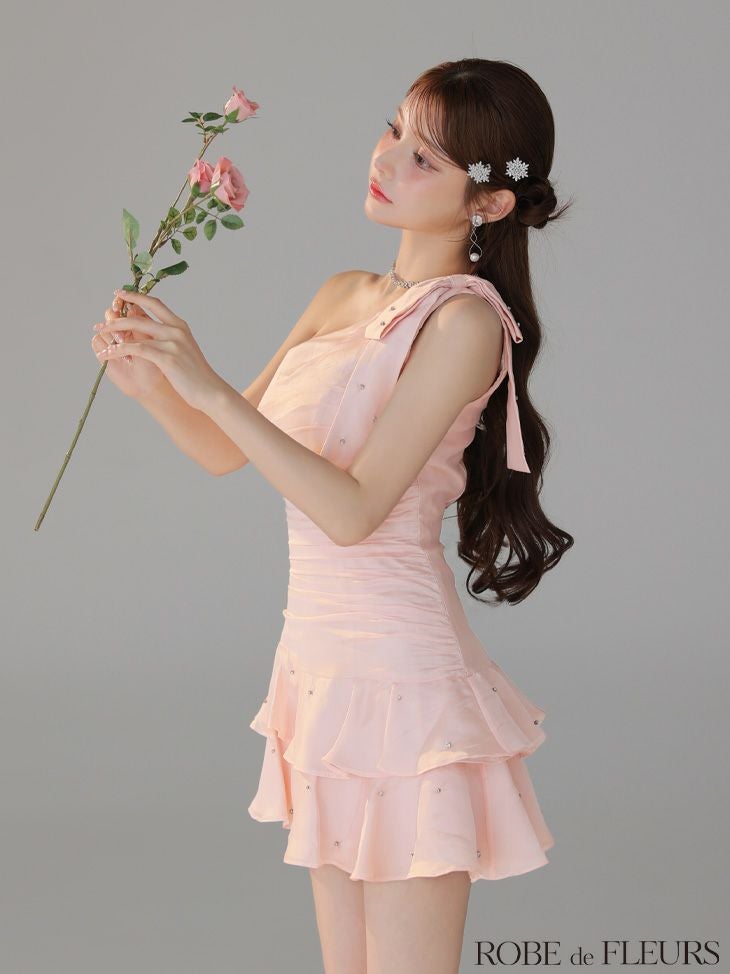 ROBE de FLEURS ローブドフルール サテンワンショルダーリボンティアードフレアミニキャバドレス fm4322