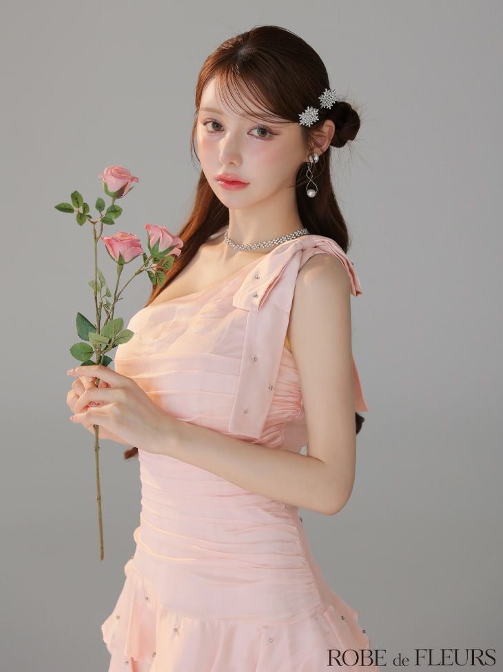 ROBE de FLEURS ローブドフルール サテンワンショルダーリボンティアードフレアミニキャバドレス fm4322