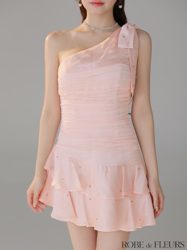 ROBE de FLEURS ローブドフルール サテンワンショルダーリボンティアードフレアミニキャバドレス fm4322