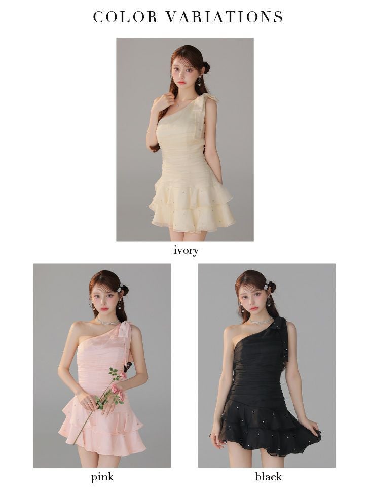 ROBE de FLEURS ローブドフルール サテンワンショルダーリボンティアードフレアミニキャバドレス fm4322