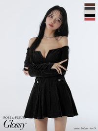 Glossy ローブドフルールグロッシー 【XS～Lサイズあり】オフショルロングスリーブラメニットフレアミニキャバドレス gl4123