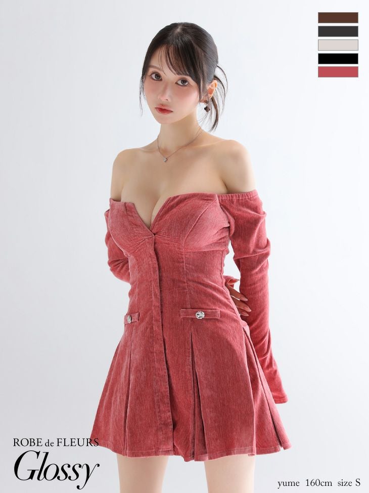 Glossy ローブドフルールグロッシー 【XS～Lサイズあり】オフショルロングスリーブラメニットフレアミニキャバドレス gl4123