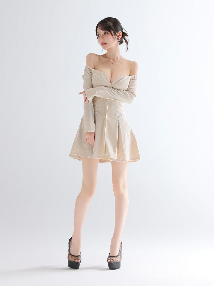 Glossy ローブドフルールグロッシー 【XS～Lサイズあり】オフショルロングスリーブラメニットフレアミニキャバドレス gl4123