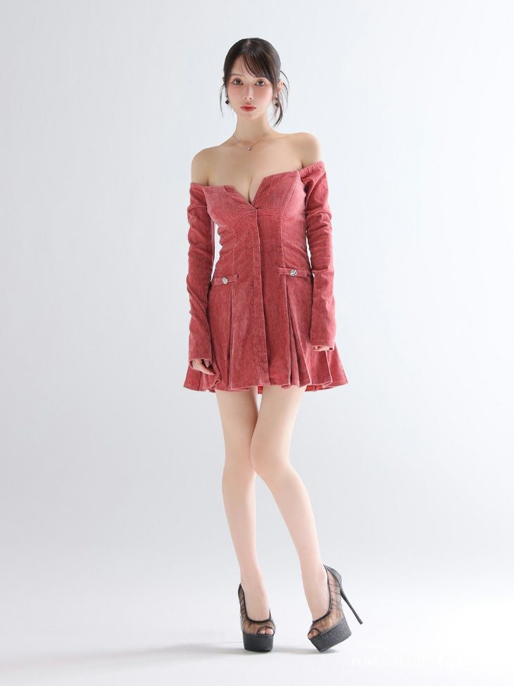 Glossy ローブドフルールグロッシー 【XS～Lサイズあり】オフショルロングスリーブラメニットフレアミニキャバドレス gl4123