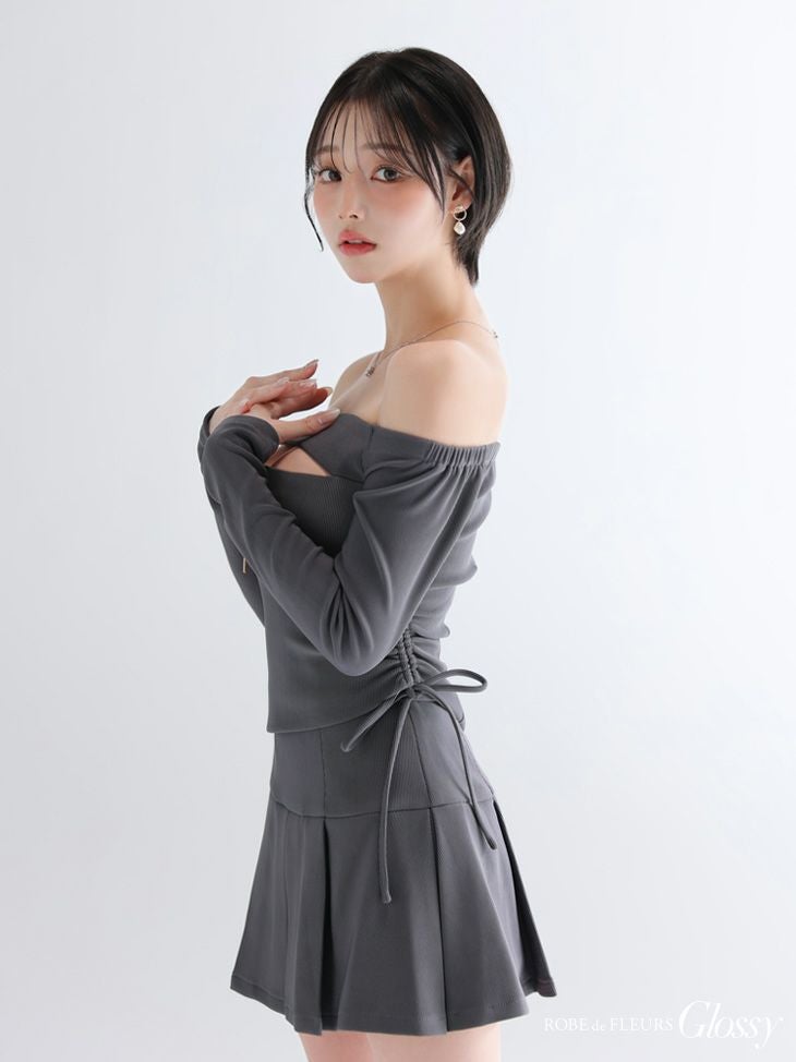 Glossy ローブドフルールグロッシー 【XSサイズあり】オフショルダーロングスリーブバストカットフレアミニキャバドレス gl4138